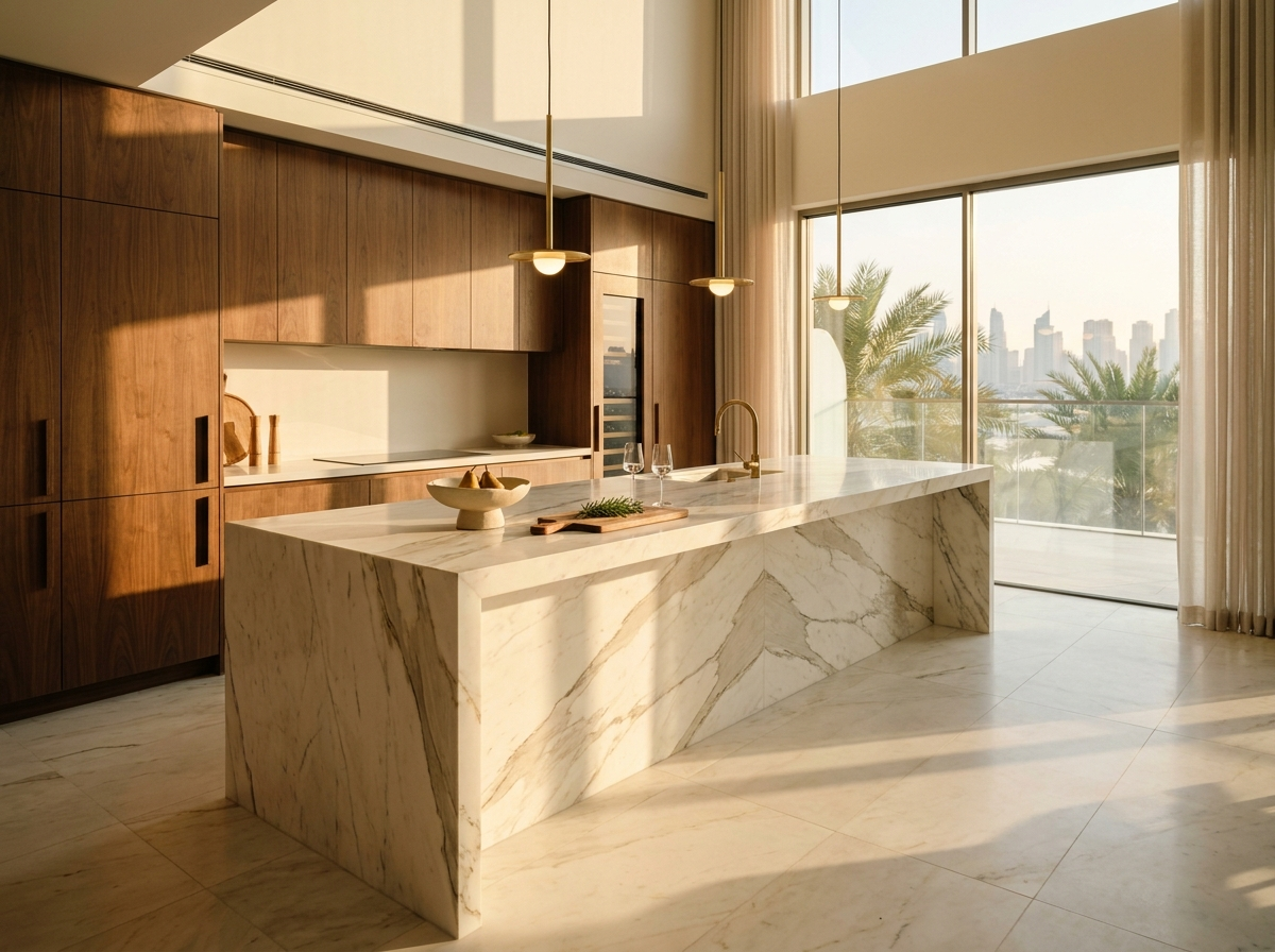 Finished luxury Dubai kitchen with Calacatta marble waterfall island and oiled walnut cabinetry