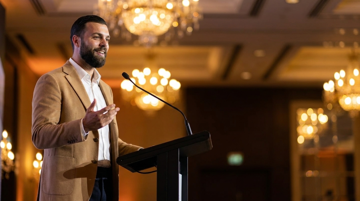 Mario Costa speaking at a Dubai community gala